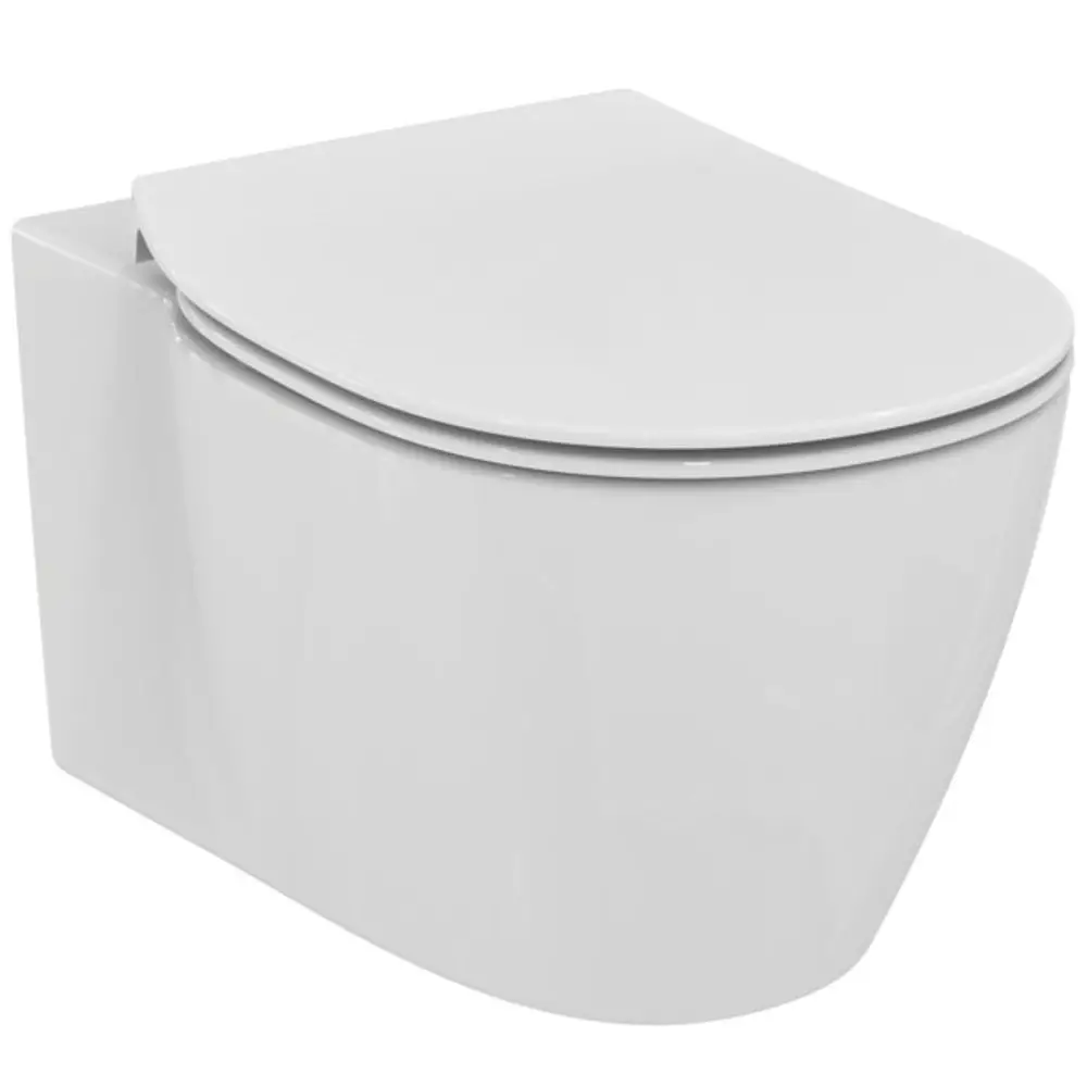 Weißes Wand-WC von Ideal Standard mit flacher, runder Abdeckung und nahtloser Gestaltung, montiert an einer Wand im modernen Badezimmer.